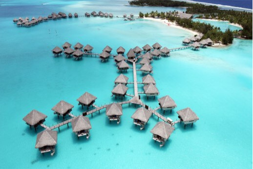 Bora Bora Hotel rooms over sea water.